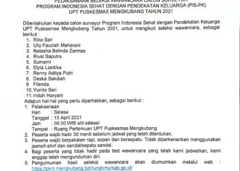 PENGUMUMAN: Pelaksanaan Seleksi Wawancara Calon Surveyor PIS-PK UPT Puskesmas Mengkubang Tahun 2021